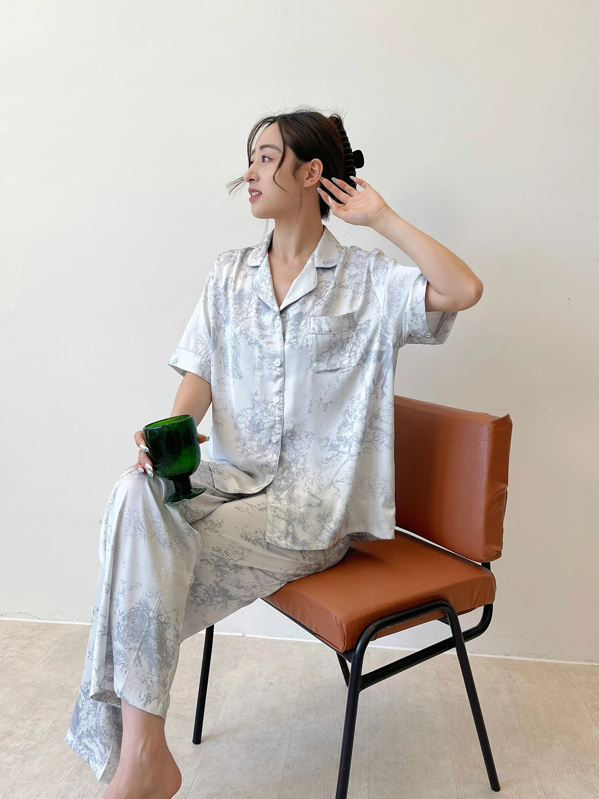 Fashion Elegant Female Pajamas Lounge Wear Set Sexy Print Flower Sleepwear Trouser Suits Spring Summer Loose Satin Home Wear