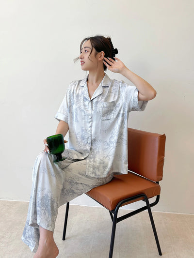 Fashion Elegant Female Pajamas Lounge Wear Set Sexy Print Flower Sleepwear Trouser Suits Spring Summer Loose Satin Home Wear