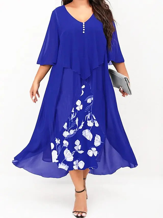 Summer Plus Size Dresses For Women New Casual Patchwork Flower Print Long Sleeve Dress Retro Elegant Female Dresses
