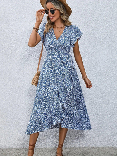 Summer Dresses for Women Sexy V Neck Short Sleeve Irregular High Waist Lace-up Flower Print Dress Casual Beach Dresses