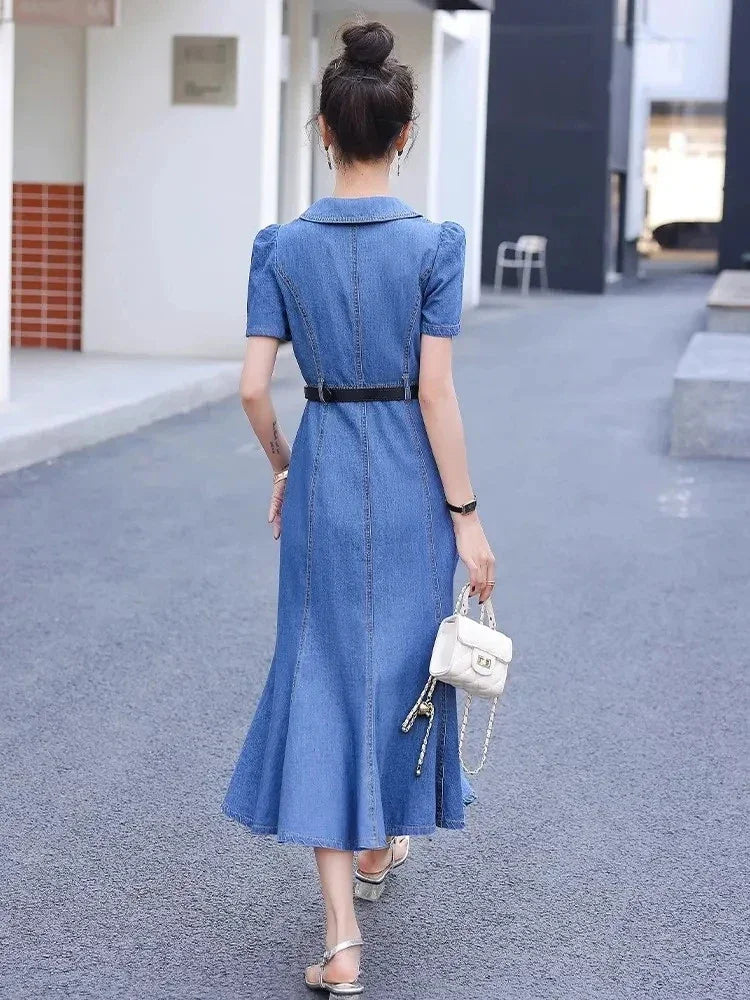 Denim Dress Women 2025 Spring Summer New Temperament Waist Fashion Fishtail Skirt Female Single Breasted Long Slim Dresses
