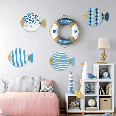 4x Wall Art Wooden Artwork Ornament Hanging Decor Ocean Theme Fish Wall Sculpture for Bathroom Home Living Room Farmhouse Garden