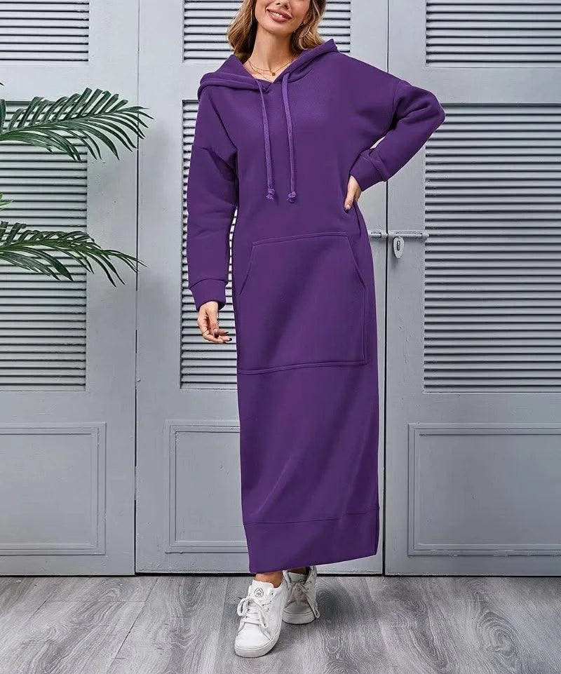Hoodies Dress for Women Fashion  2024 Hem Lace-up Midi Robe Hooded Long Vestidos Winter Warm Casual Loose Sweatshirt Dress
