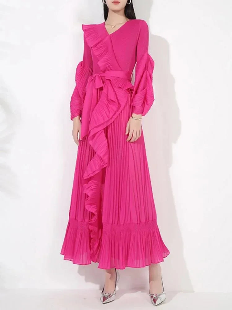 Women's V Neck Ruffles Splice Lantern Sleeve High Stretch Oversized Dresses Miyake Maxi Pleated 2025 Spring Long Party Clothing