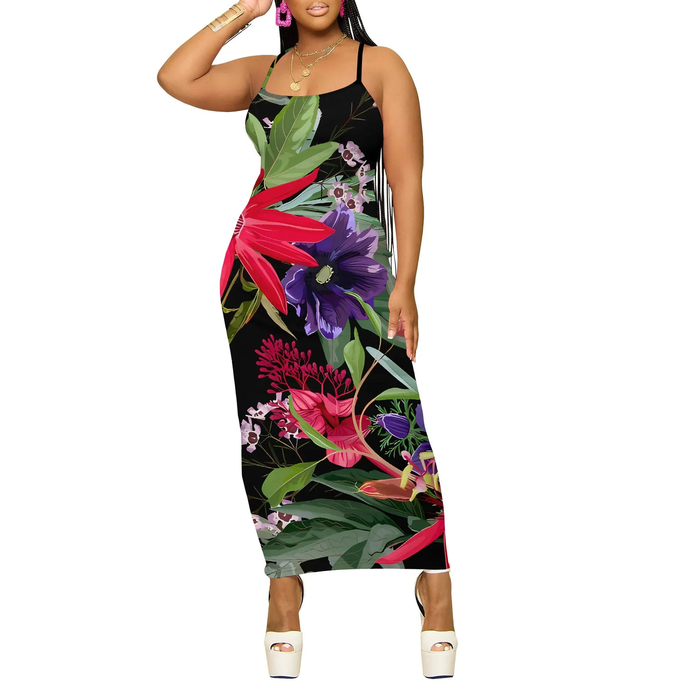 Summer Sleeveless Midi Dress Women Bodycon Floral Print Casual Spaghetti Strap Slim Fit Holiday Beach Wear