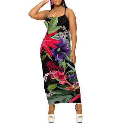 Summer Sleeveless Midi Dress Women Bodycon Floral Print Casual Spaghetti Strap Slim Fit Holiday Beach Wear