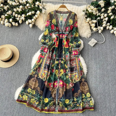 Summer Gorgeous Flower Dress Women Chiffon Clothing Sexy Deep V Neck Single Breasted Floral Print Beach Boho Long Robe Vestidos