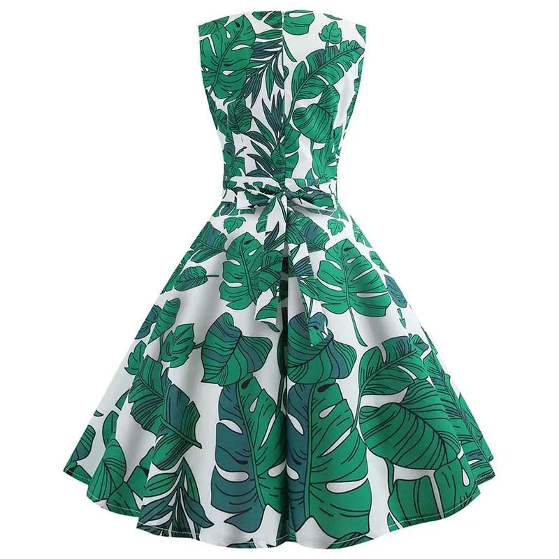Women's Summer Sleeveless Midi Dress Green Leaf Print O-Neck Retro Vintage Party Robe Casual Elegant Female Clothing