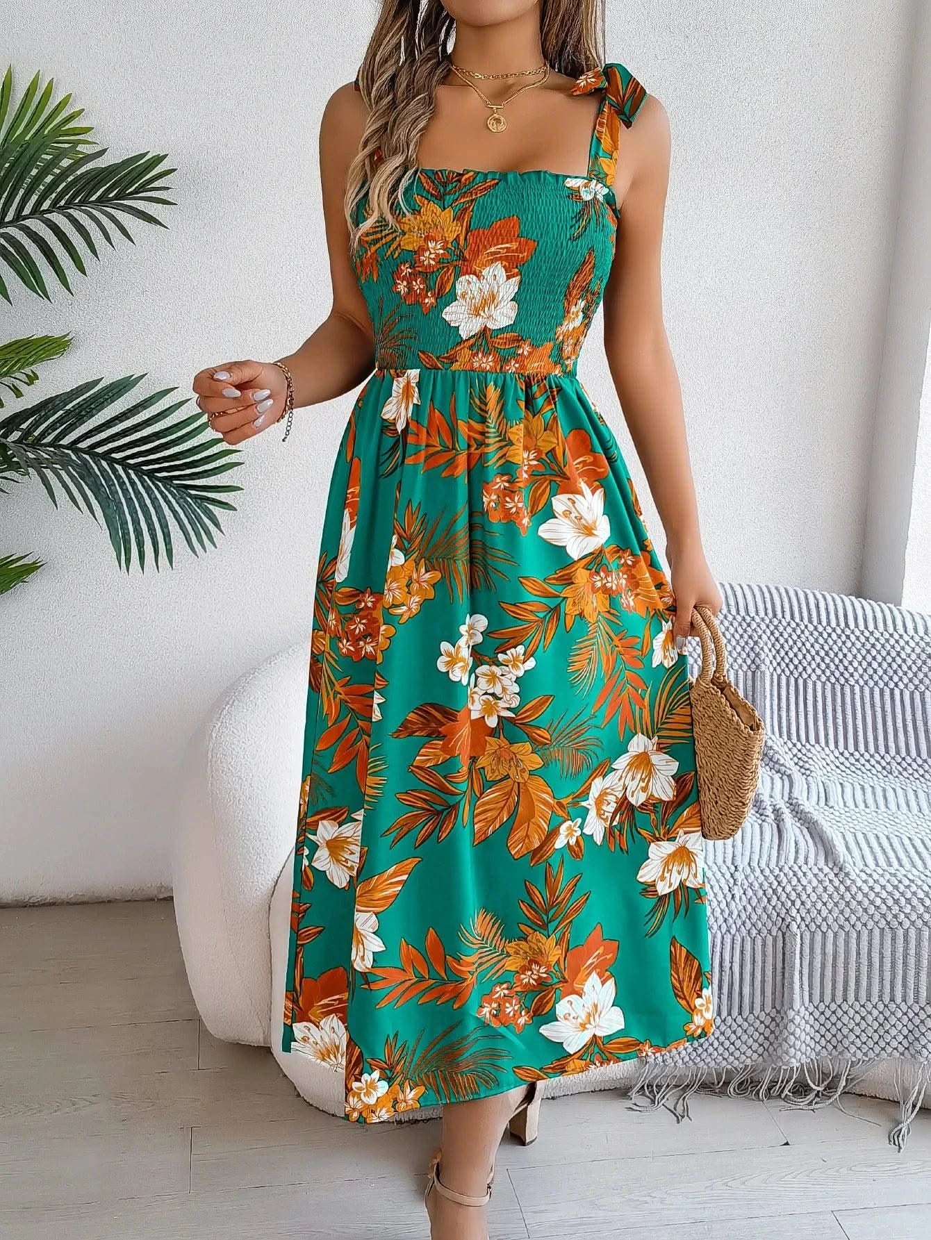 Spring Summer Floral Print Long Dress Lace up Sleeveless Vacation Dresses for Women