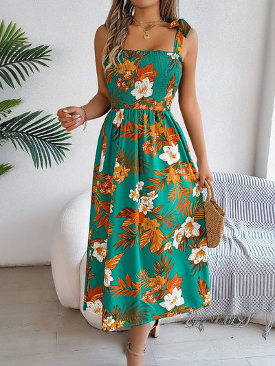 Spring Summer Floral Print Long Dress Lace up Sleeveless Vacation Dresses for Women