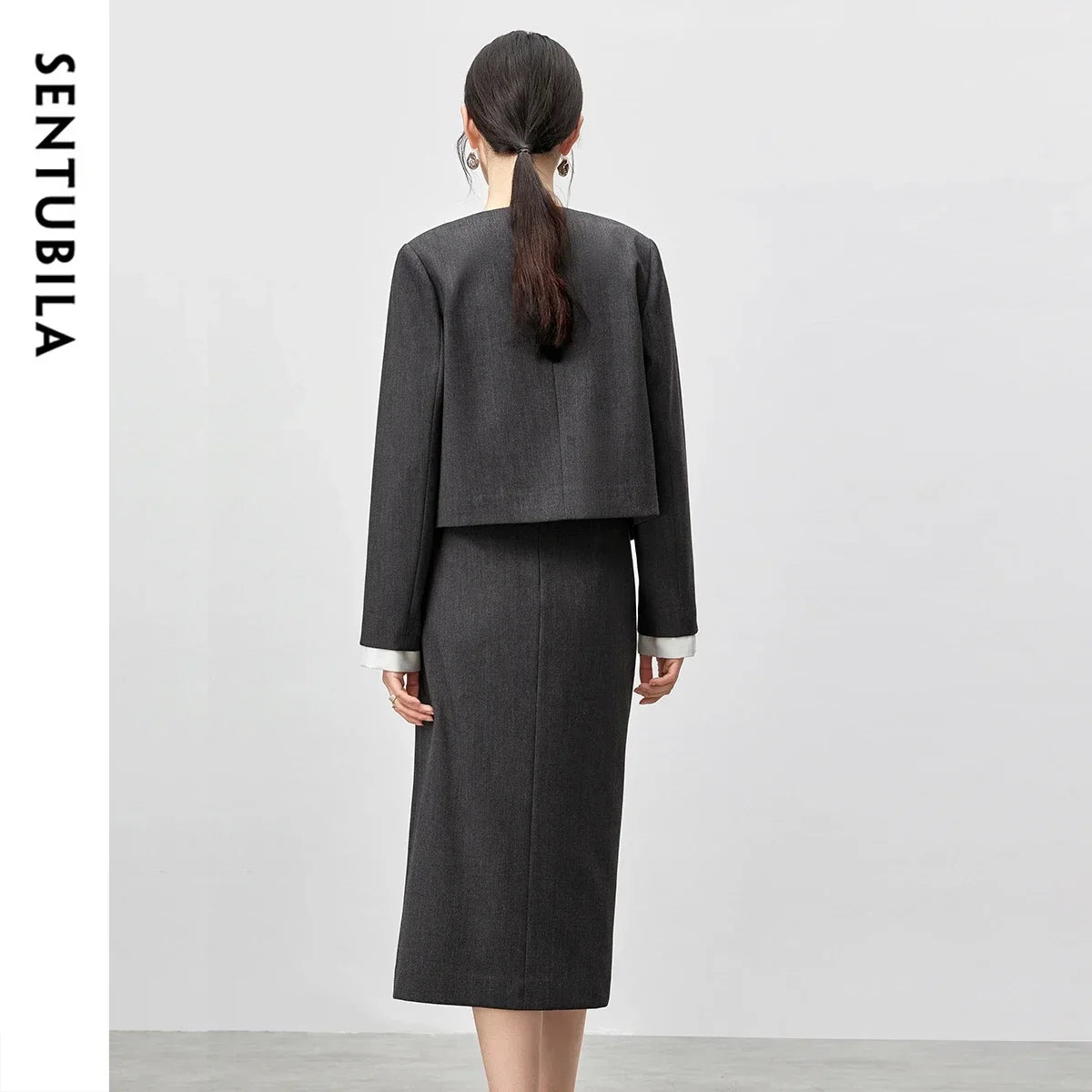 SENTUBILA Two Piece Skirt Sets Women Outfits 2025 Spring Office Ladies V Neck Grey Blazer Jackets Straight Slit Skirt 143Z56241