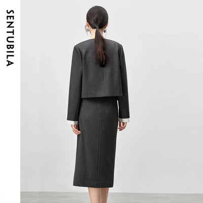 SENTUBILA Two Piece Skirt Sets Women Outfits 2025 Spring Office Ladies V Neck Grey Blazer Jackets Straight Slit Skirt 143Z56241