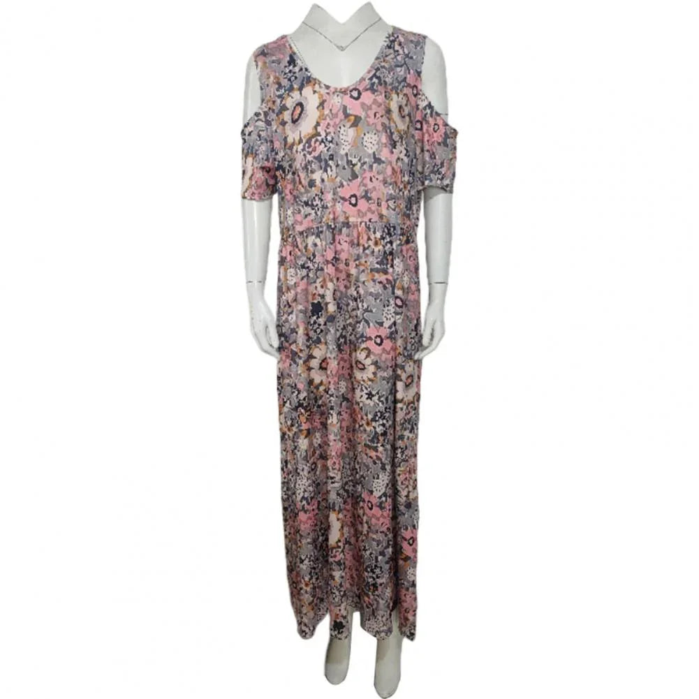 Women Summer Dress Flower Print Hollow Out Short Sleeves V Neck Dress-up Pleated Off Shoulder Soft Maxi Dress Women Clothes
