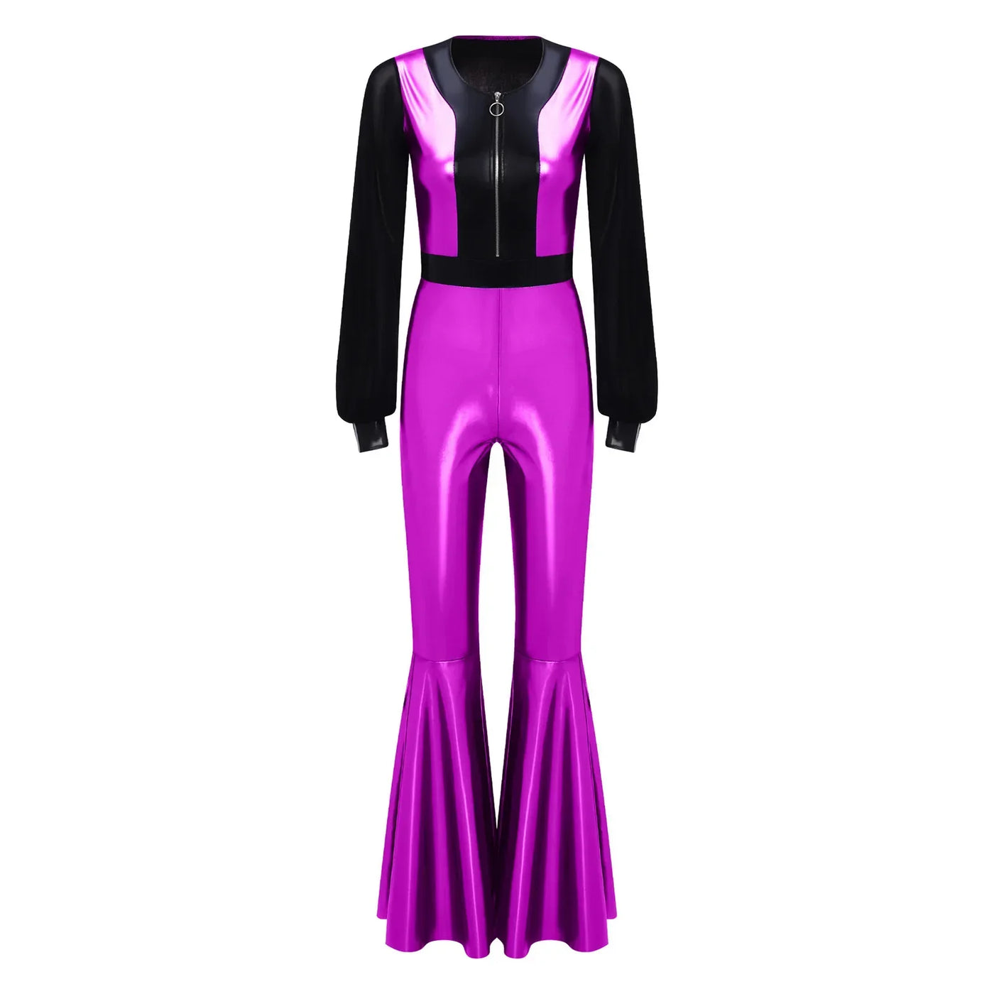 Womens Vintage 70s 80s Disco Dance Jumpsuit Mesh Long Sleeve Bell Bottom Pants Metallic Shiny Rompers Bodysuit Halloween Costume