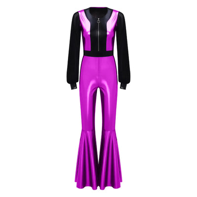 Womens Vintage 70s 80s Disco Dance Jumpsuit Mesh Long Sleeve Bell Bottom Pants Metallic Shiny Rompers Bodysuit Halloween Costume