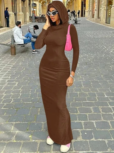 Hooded Long Dress For Women Y2k Clothes Sexy Streetwear Long Sleeve Bodycon Vestidos De Mujer Solid Robe Femme Été Back Split