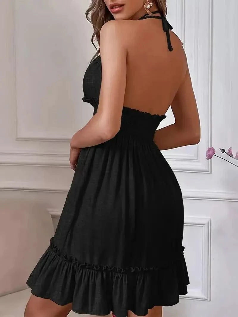 Summer Dresses For Women Trendy Solid Boho Dress V Neck Sleeveless Halter Backless Sundress Ruffles Holiday Beach Dresses