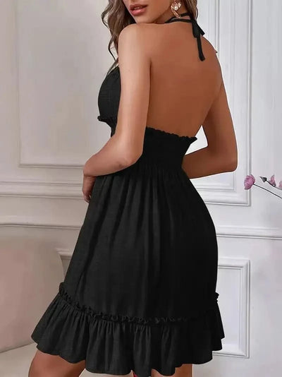 Summer Dresses For Women Trendy Solid Boho Dress V Neck Sleeveless Halter Backless Sundress Ruffles Holiday Beach Dresses
