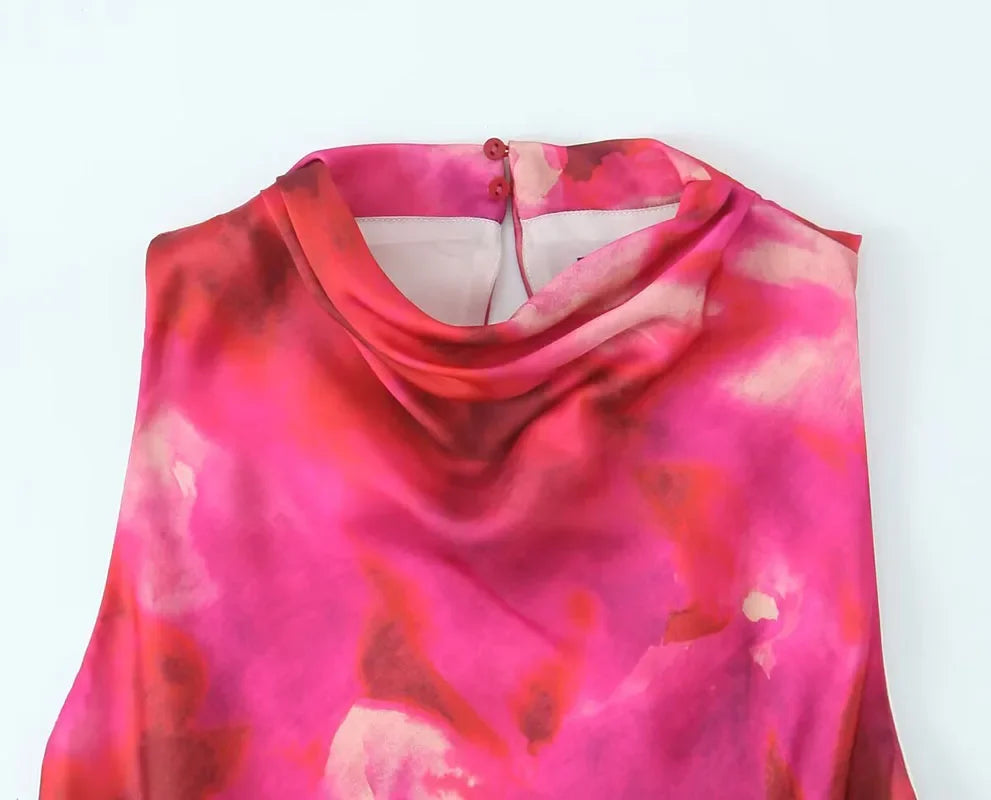 Women Printed Satin Midi Dress Spring Caual Women Back Button Sleeveless Dress Elegant Silk texture Female Chic Dress