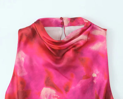 Women Printed Satin Midi Dress Spring Caual Women Back Button Sleeveless Dress Elegant Silk texture Female Chic Dress