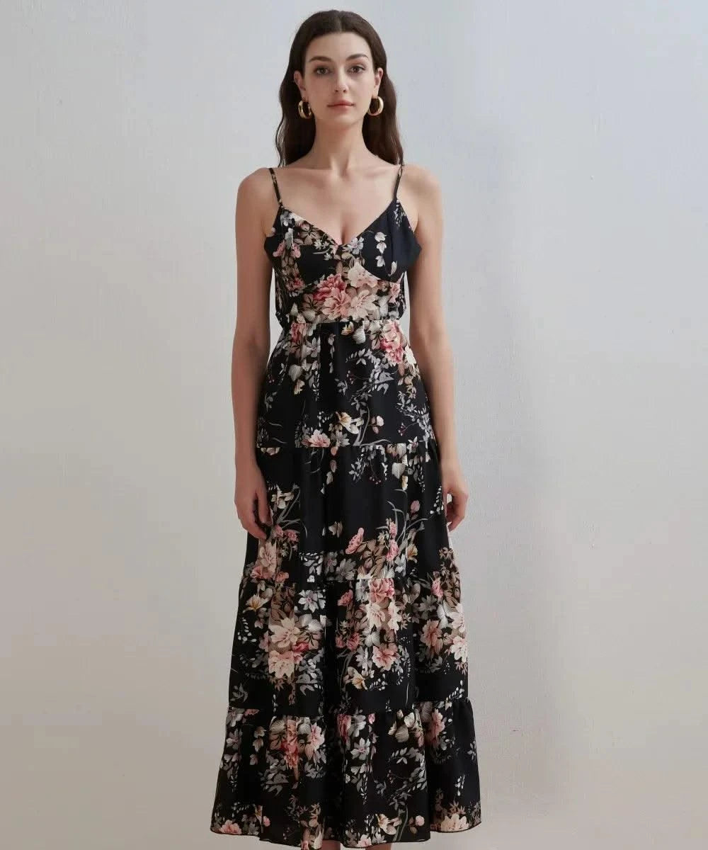 Women's Summer Black Floral V Neck Sleeveless Backless Halter Dress Fashion Elegant Sexy Bow Tie Black Backless Party Dresses