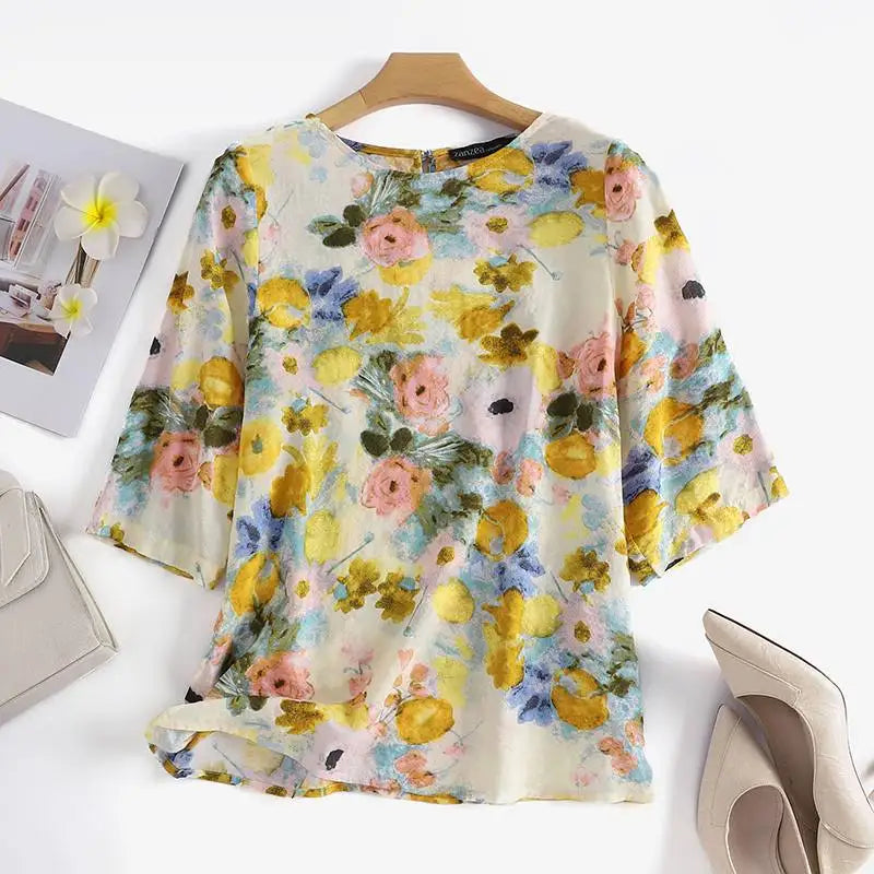 ZANZEA Women Cotton Linen Blouses 2024 Summer Bohemian Floral Printed Blusas Fashion 3/4 Sleeve O-Neck Top Casual Loose Shirts