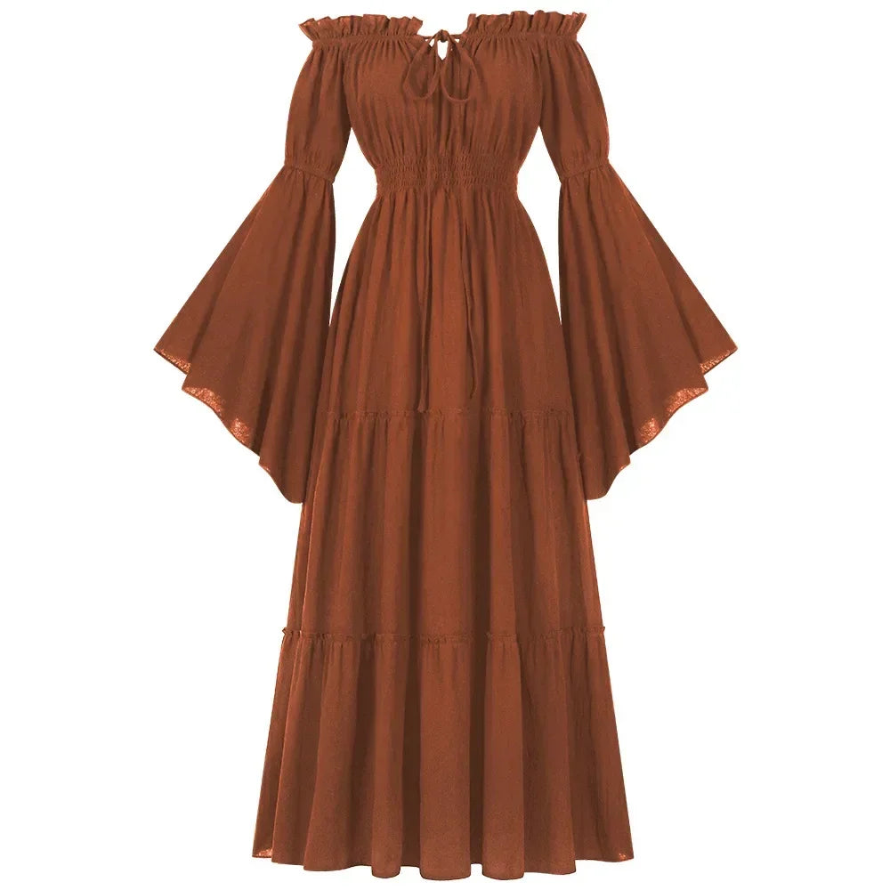 Women Renaissance Irish Dress Off Shoulder Medieval Peasant Dress Pirate Costume Wench Retro Gown Smocked Waist Maxi Long Dress