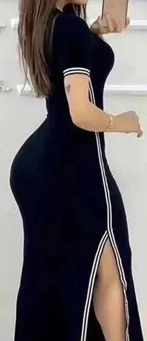 Dresses Women Summer 2024 Elegant Slimming Sexy Rose Printed Side Striped Split High Waist Short Sleeve Casual Midi Long Dresses
