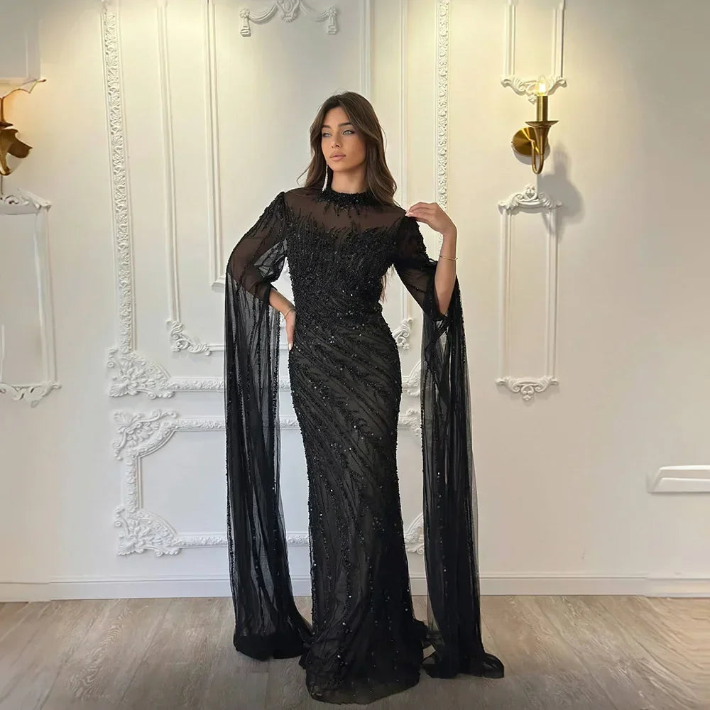 FATAPAESE Luxury Evening Dress 2025 Sheath Beading Sequined High neck Full Sleeve Zipper Sweep Prom Dress Shiny Formal Gowns