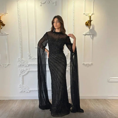 FATAPAESE Luxury Evening Dress 2025 Sheath Beading Sequined High neck Full Sleeve Zipper Sweep Prom Dress Shiny Formal Gowns