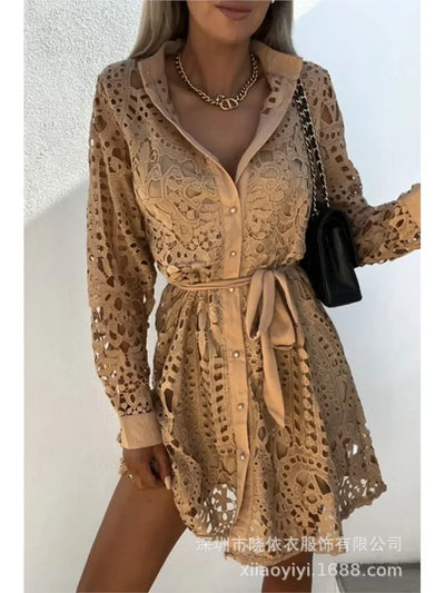 Elegant Shirt Dress Women Sexy Hollow Out Lace Dresses Spring Autumn Button Lace-up Office Lady Mini Dress Female