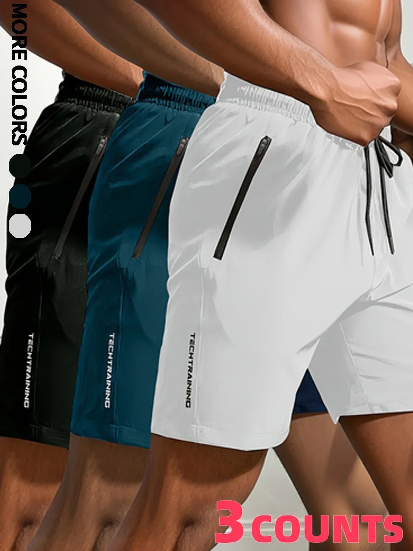 Men's Shorts Three-Piece Set, Sports, Fitness, Swimming, Zipper Pockets, Quick-Drying, Casual, Breathable, Drawstring Shorts, Suitable for Summer Outdoor Sports, Fitness Training, Home Leisure, Beach Vacation