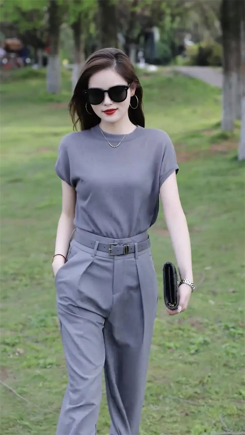 Trousers Woman Wear To Work Summer 2024 Office Professional Wide Leg Top and Pant Sets for Women 2 Pieces Tailor Casual Elegant