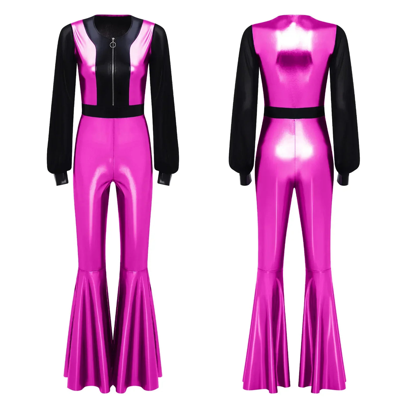 Womens Vintage 70s 80s Disco Dance Jumpsuit Mesh Long Sleeve Bell Bottom Pants Metallic Shiny Rompers Bodysuit Halloween Costume