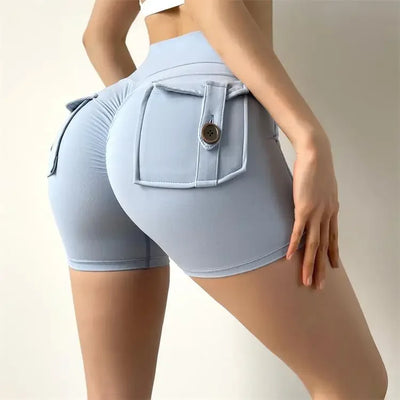 Shorts Women Solid Yoga Pants Pocket Button Short Pant Slim Fit Trousers Wrap Hip Splice Sporty High Waist Lady Summer