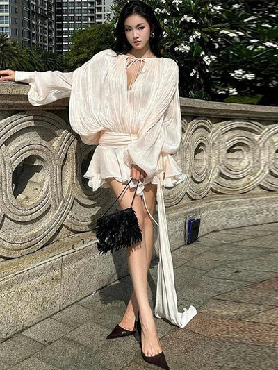 Ruffles Mini Dress Women Lace Up  V Neck Long Sleeve Pleated Female Dresses 2025 Elegant Summer Autumn Street Loose Ladies Robes