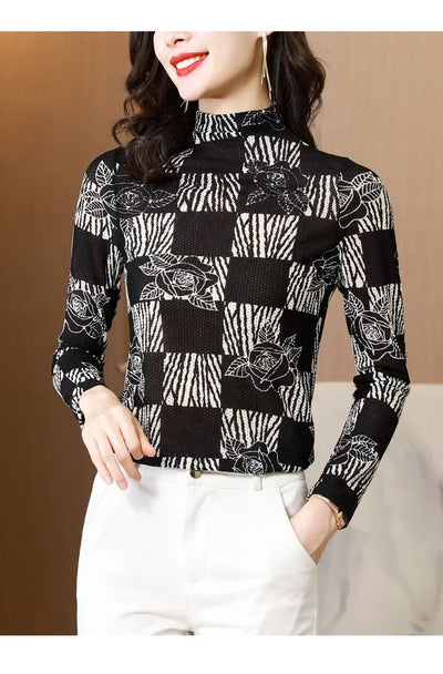 Printed Waffle Mesh T-shirts For Women New Autumn Slim-fit Base Half High Neck Strech Basic Tops Female
