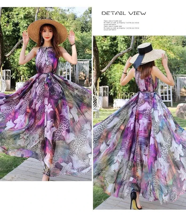 2023 New Floral Summer Sleevelss Suspender Maxi Dress for Women Sexy Backless Beach Purple Boho Robe Femme Sundress Dress Photo