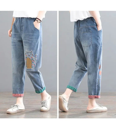 High waisted Jeans for women 2025 Spring Autumn New Korean version Loose Embroidered patch fabric Nine point Harem Pants Female