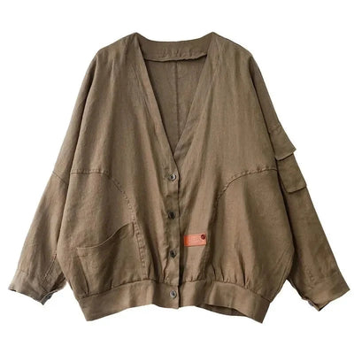 Fashion Cotton Linen Short Jacket For Women Spring Autumn New  Retro Loose V-Neck Thin Casual Top Coat Sunscreen Clothing