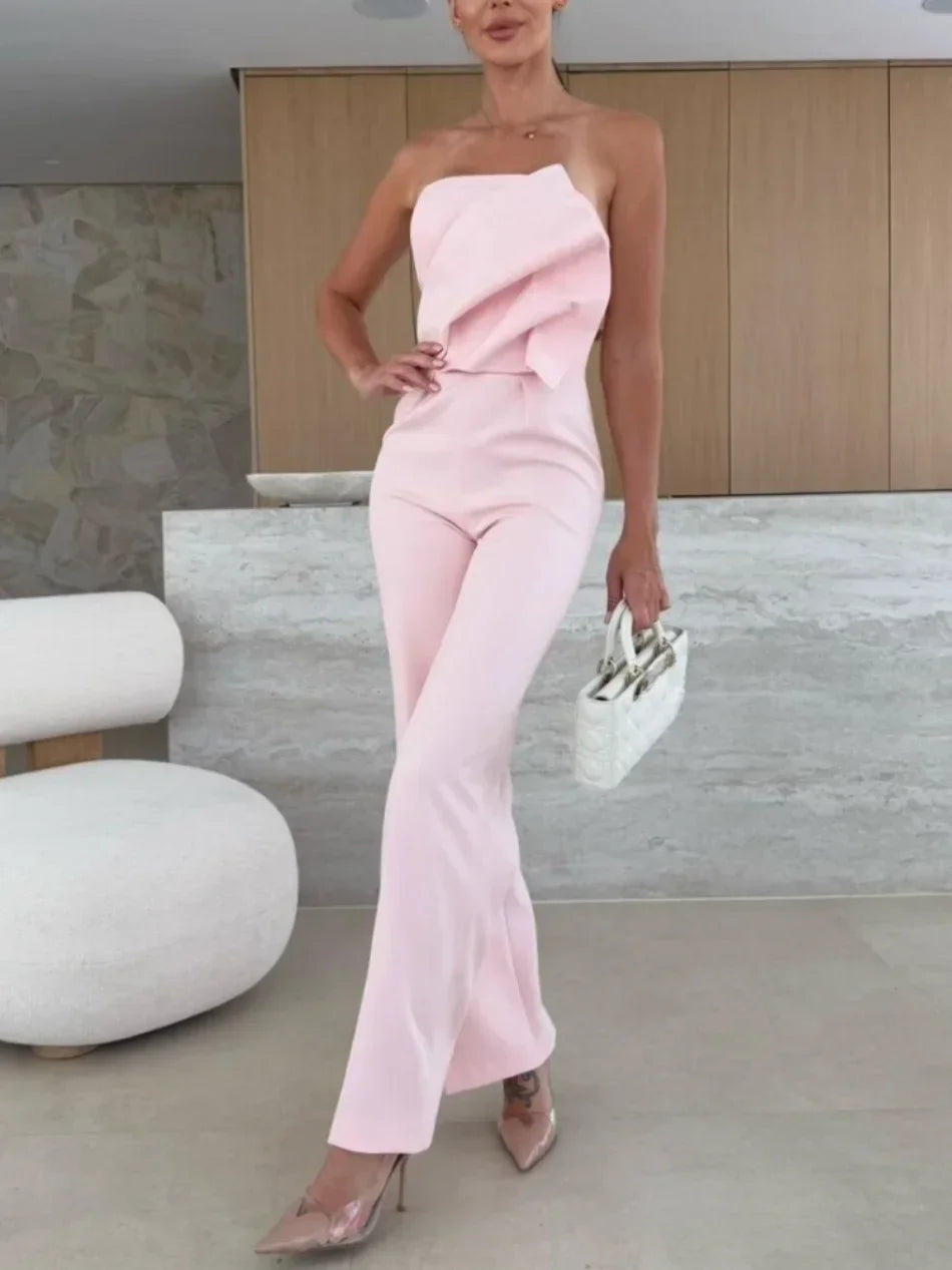 Women's Jumpsuits 2025 New in Summer Fashion Casual Office Lady Solid Color Tight Low Back High-waisted Wide-leg Jumpsuit