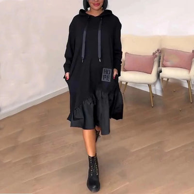 New Hooded Sweatshirt Dress For Women 2025 Spring Long-sleeved Printed Patchwork Dress Casual Loose Lace Up Long Dress Black