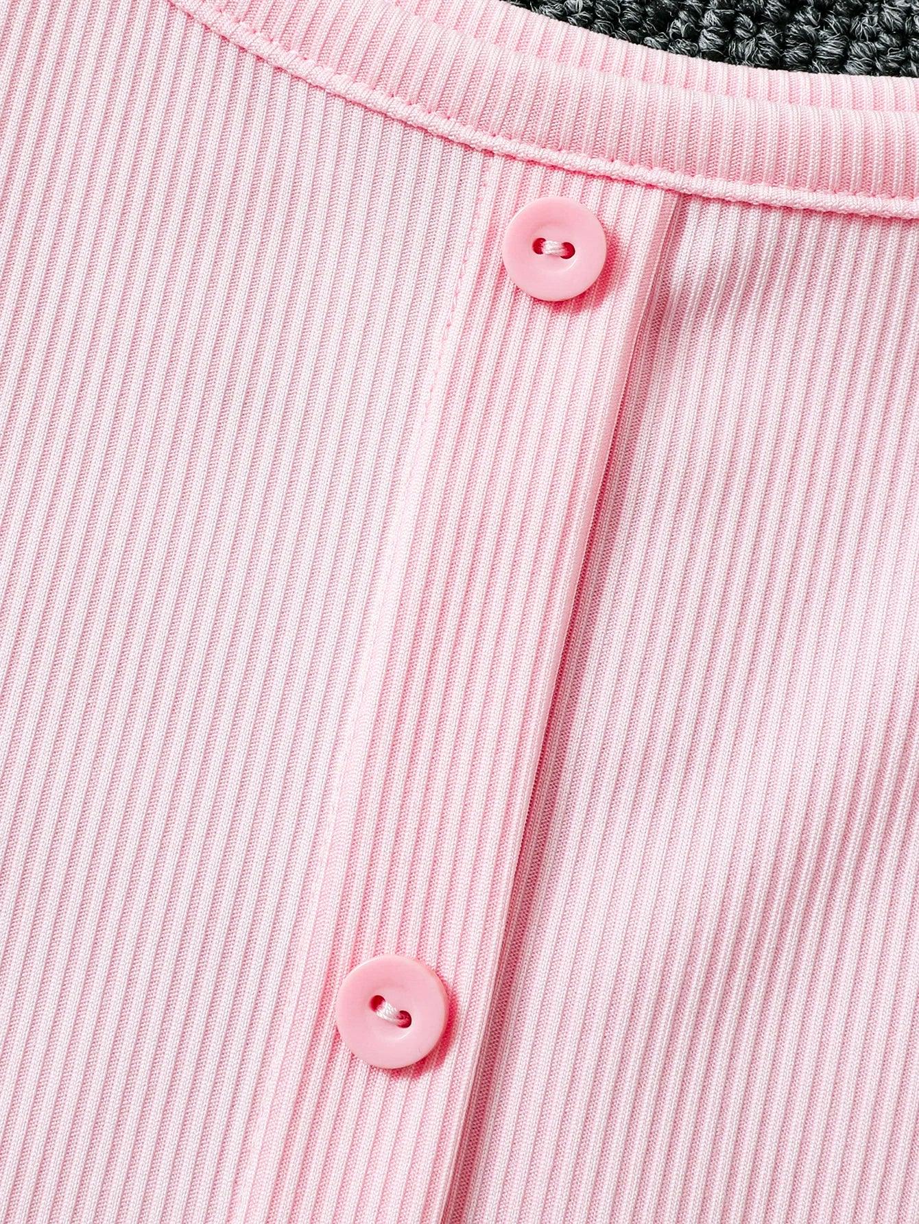 Women's pink knitted dress: slim ribbed fabric, elegant front button design, suitable for spring and summer