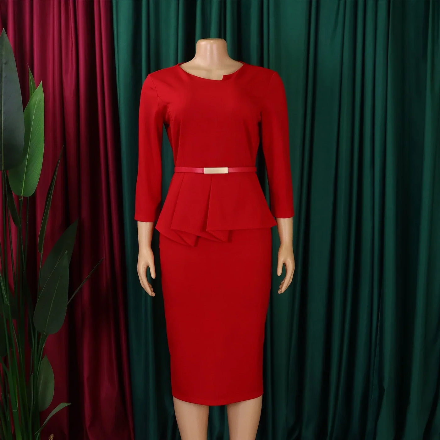 Dress Office Wear for Women Professional Skew Collar Three Quarter Sleeve Belt Waisted Sheath Package Hips Mid Calf Formal Dress