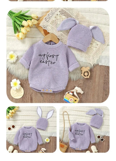 2pcs/Set 0-18m Knitted Jumpsuits Costume| Baby Rabbit Easter Clothes Sets |Cute Hats+ Bodysuits Spring Outfits for Newborn Boy Girl
