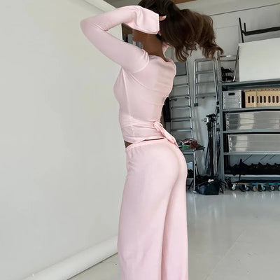 Women Fashion Lounge Set Vintage 2 Piece Outfit Spring Autumn V Neck Waist Tie T-shirt+Elastic Waist Pants Long Sleeve Crop Tops