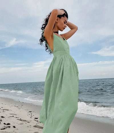 Cotton Linen Solid Color Spaghetti Strap Dresses Women Fashion Leace-up V-neck Backless Beach Vacation Long Dress Female New