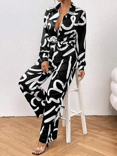 Women Clothing 2024 Autumn New Fashion Print Set Casual Button Collar Shirt Long Sleeved Wide Leg Pants Long Pants Two-piece Set