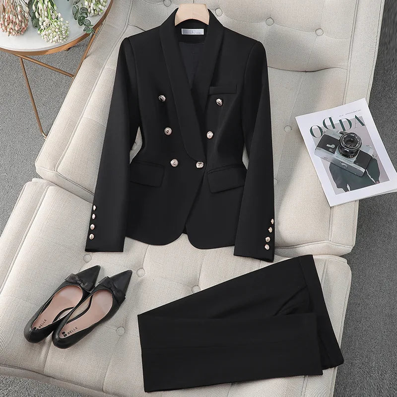 High Quality Suit Office Casual Two Piece Set Spring Autumn Women Double Breasted Blazers+Straight Zipper Trousers Women Outfit