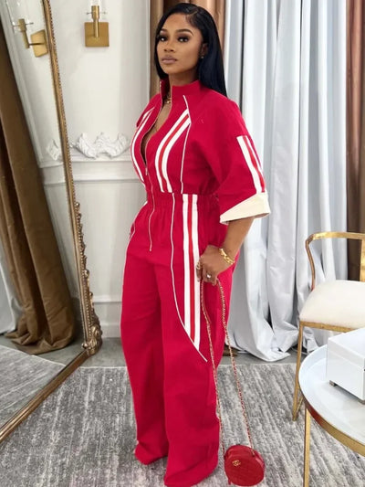 Women Jumpsuits For Spring 3/4 Sleeve Print Stripe Loose Fashion Streetwear Overalls Wide Leg Pants Trousers 2025 Summer